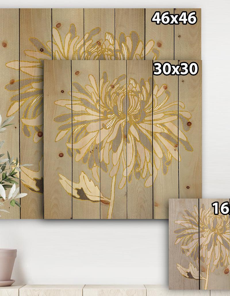 Designq Gold Metallic Floral Garden I - Modern Glam Print On Natural Pine Wood