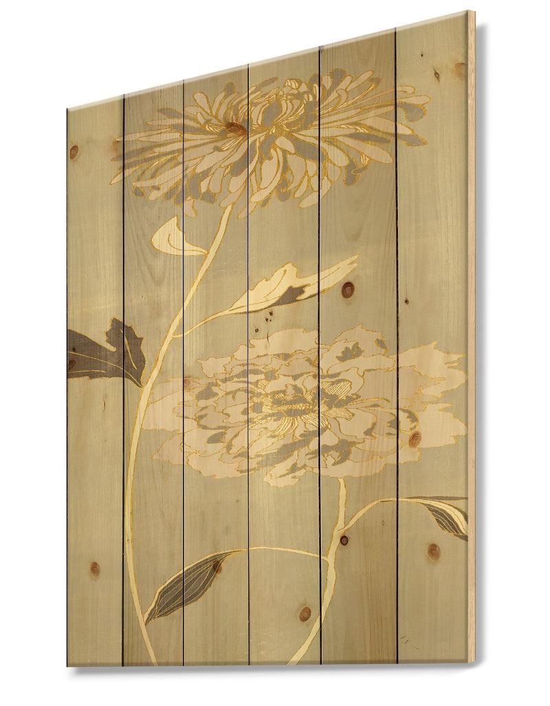 Designq Gold Metallic Floral Garden II - Modern Glam Print On Natural Pine Wood