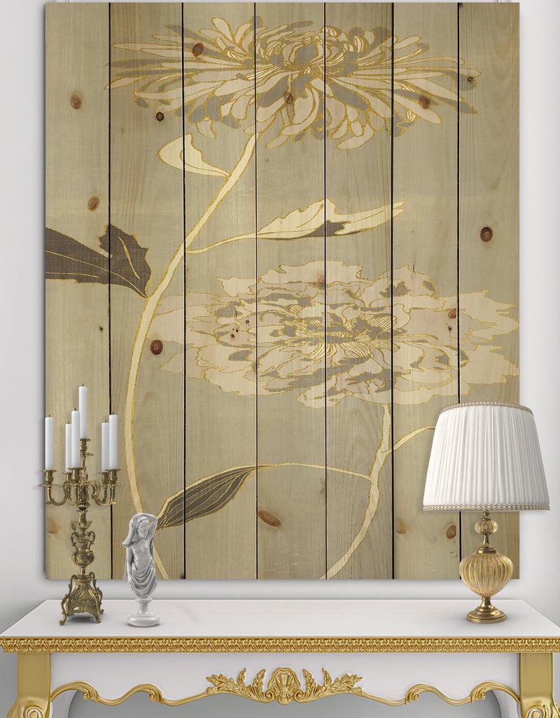designq Gold Metallic Floral Garden II - Modern Glam Print on Natural Pine Wood