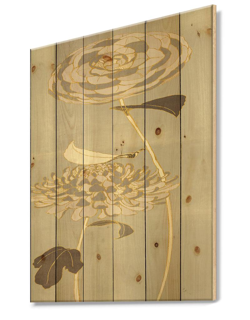 Designq Gold Metallic Floral Garden III - Modern Glam Print On Natural Pine Wood