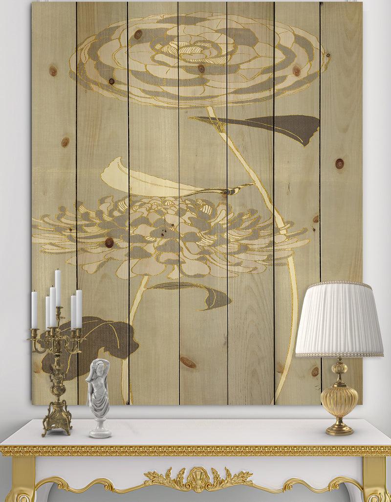 designq Gold Metallic Floral Garden III - Modern Glam Print on Natural Pine Wood
