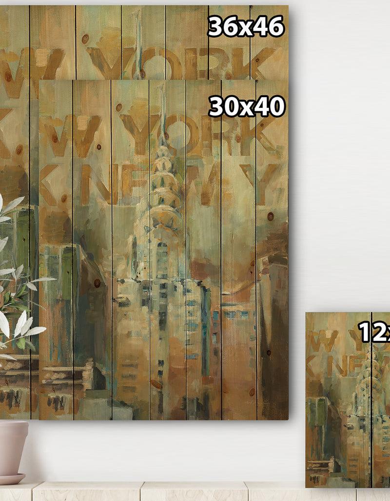 Designq Gold Vintage Empire State Building II - Vintage Architecture Print On Natural Pine Wood