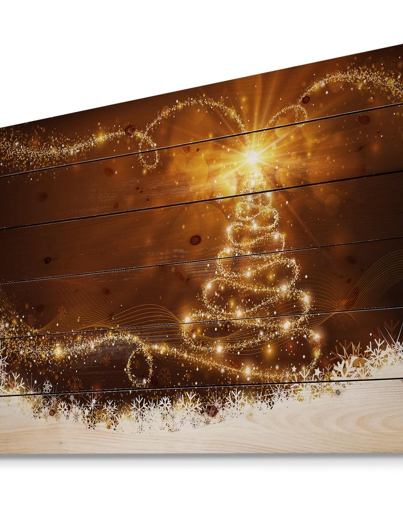 Designq Golden Christal Tree Star On White Snow Flakes - Print On Natural Pine Wood
