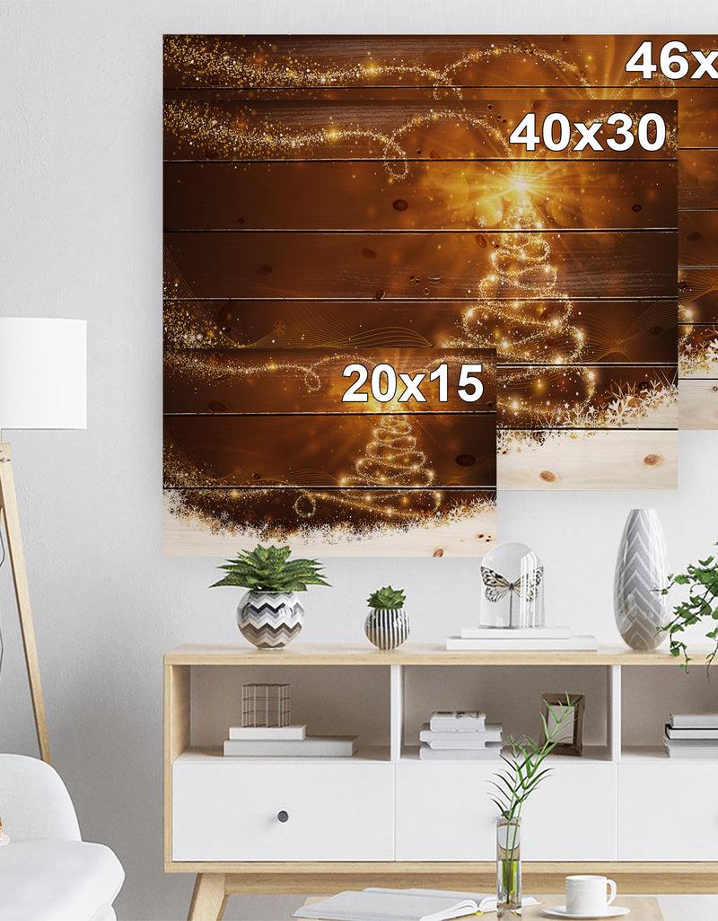 Designq Golden Christal Tree Star On White Snow Flakes - Print On Natural Pine Wood