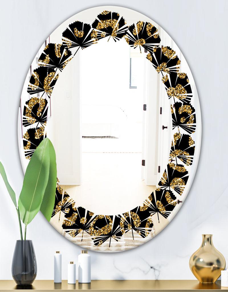 Designq Golden Leopard Fur - Modern Round Or Oval Wall Mirror - Leaves