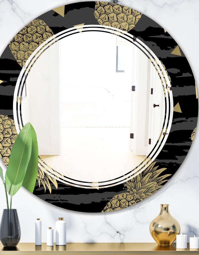 designq Golden Pineapple On Black - Modern Round or Oval Wall Mirror - Triple C