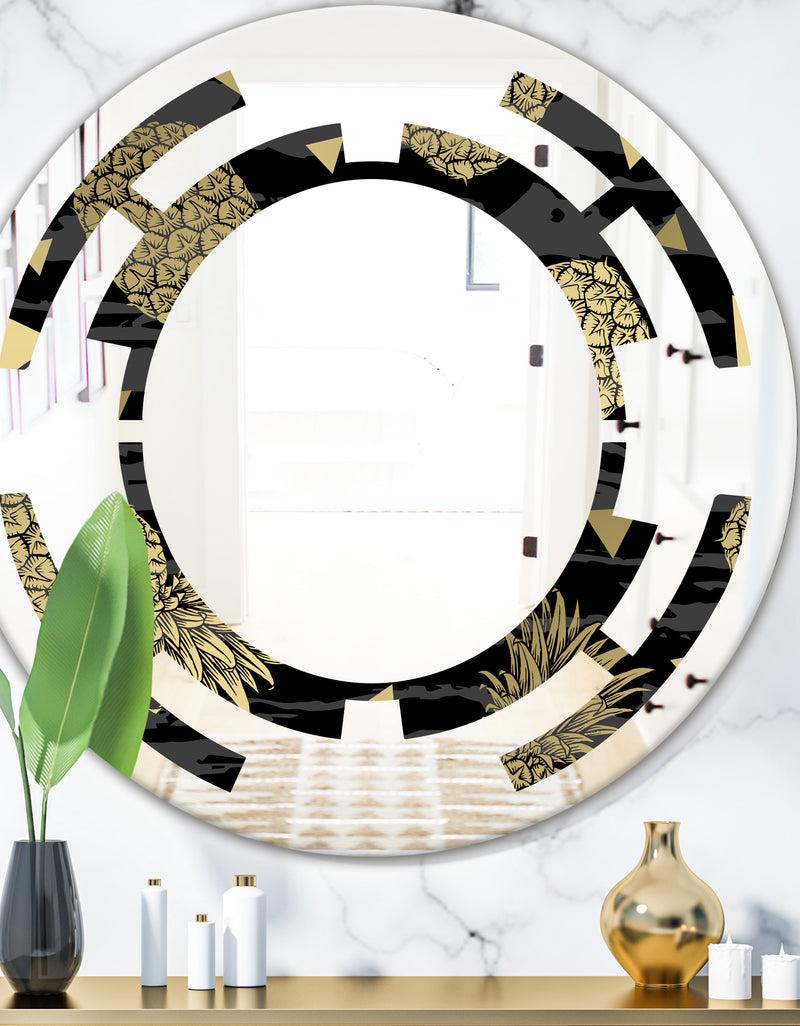 designq Golden Pineapple On Black - Modern Round or Oval Wall Mirror - Space