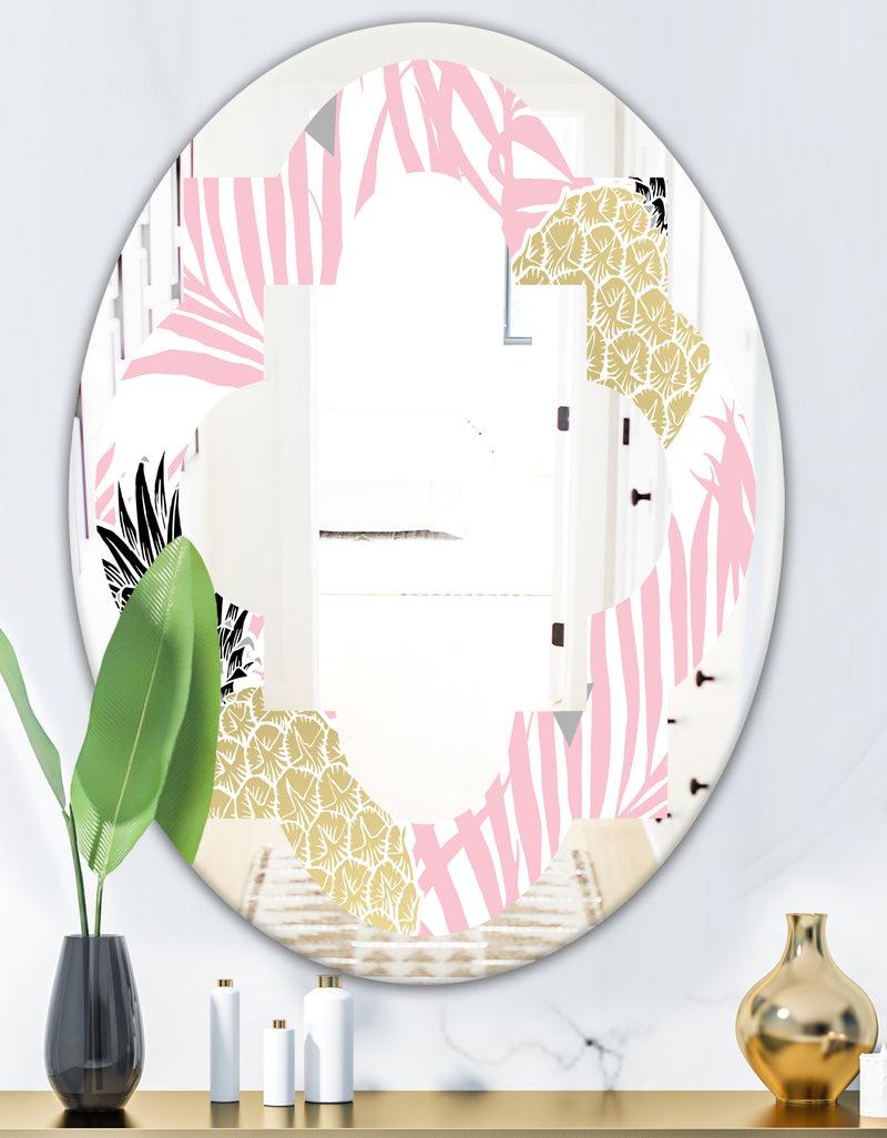 Designq Golden Pineapple Pink Leaves - Modern Round Or Oval Wall Mirror - Quatrefoil