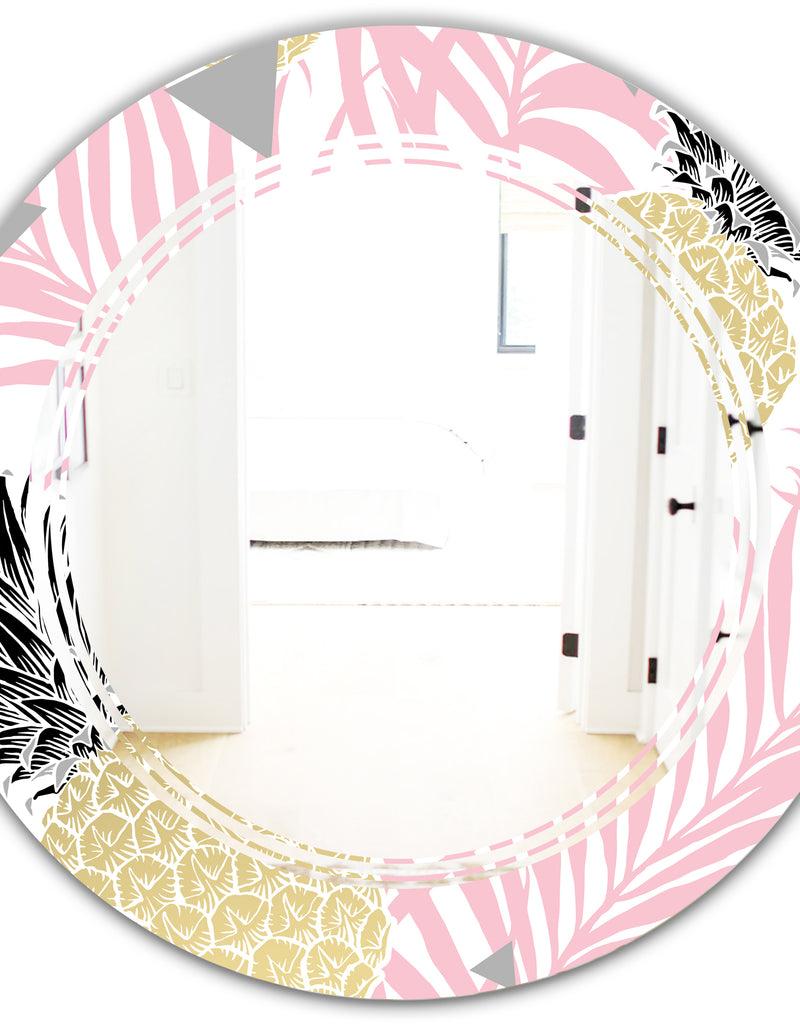 Designq Golden Pineapple Pink Leaves - Modern Round Or Oval Wall Mirror - Triple C