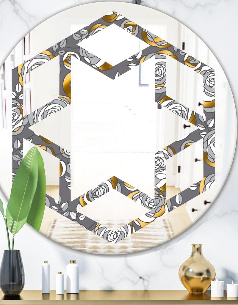 designq Golden Rose Flowers - Modern Round or Oval Wall Mirror - Hexagon Star