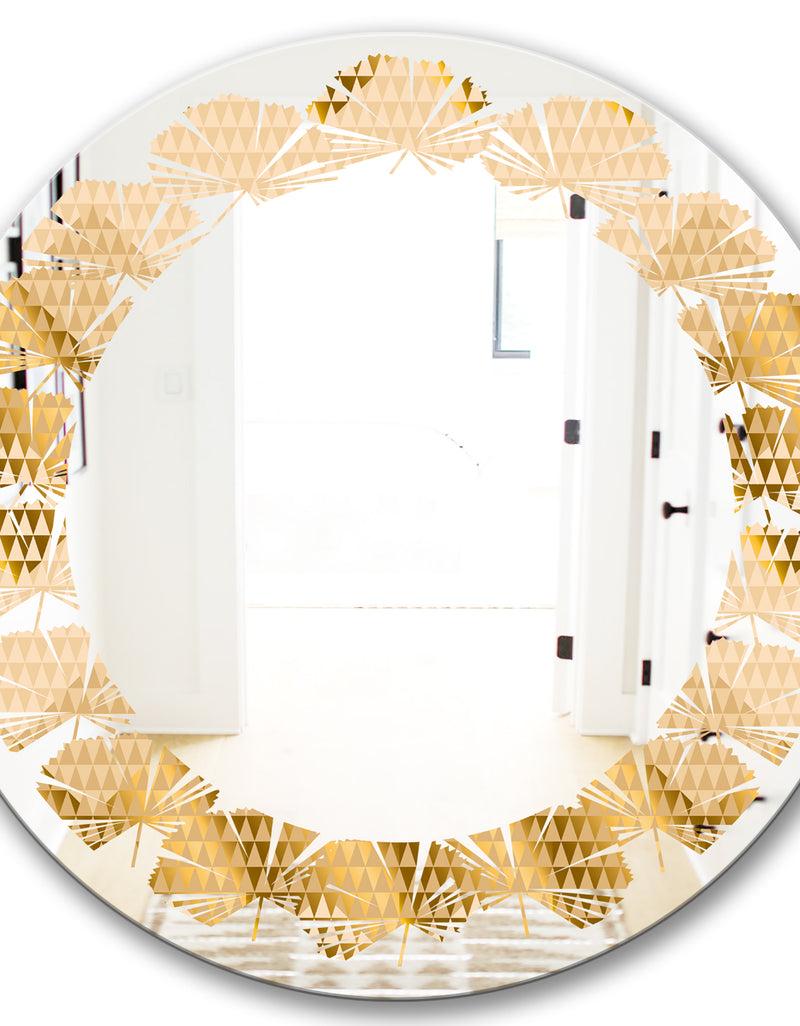 Designq Golden Triangular Wavess I - Modern Round Or Oval Wall Mirror - Leaves