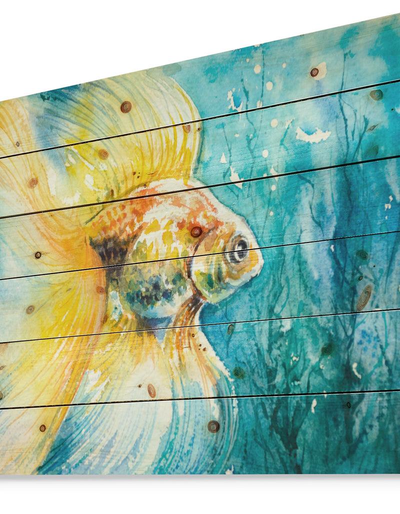 Designq Goldfish In Water - Animals Painting Print On Natural Pine Wood