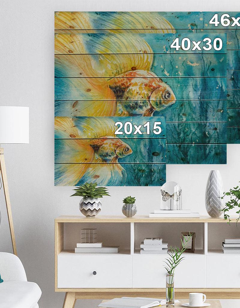 Designq Goldfish In Water - Animals Painting Print On Natural Pine Wood