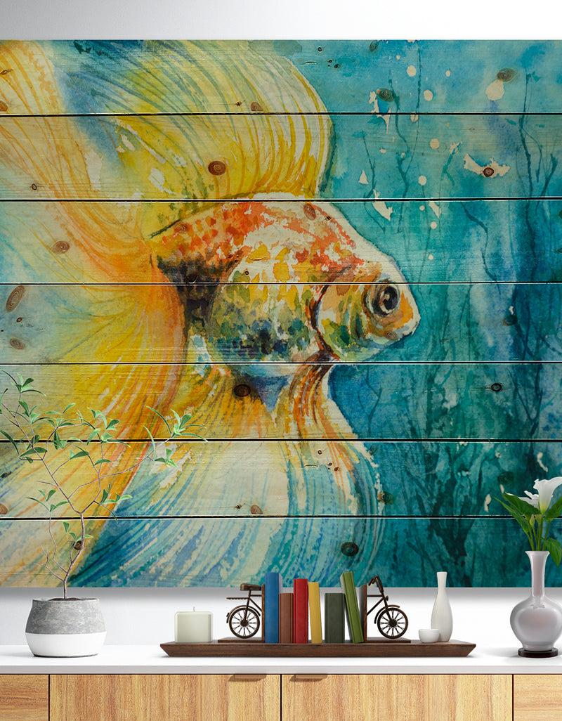 designq Goldfish in water - Animals Painting Print on Natural Pine Wood