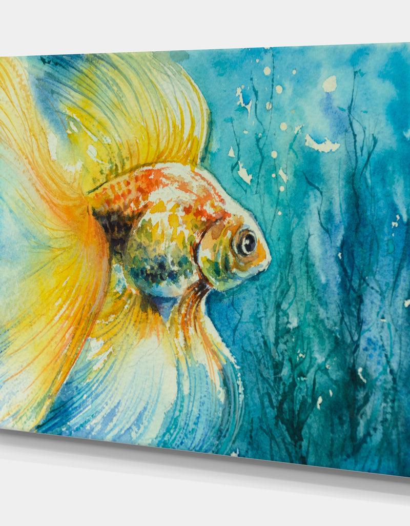 Designq Goldfish In Water - Animals Painting Print On Wrapped Canvas