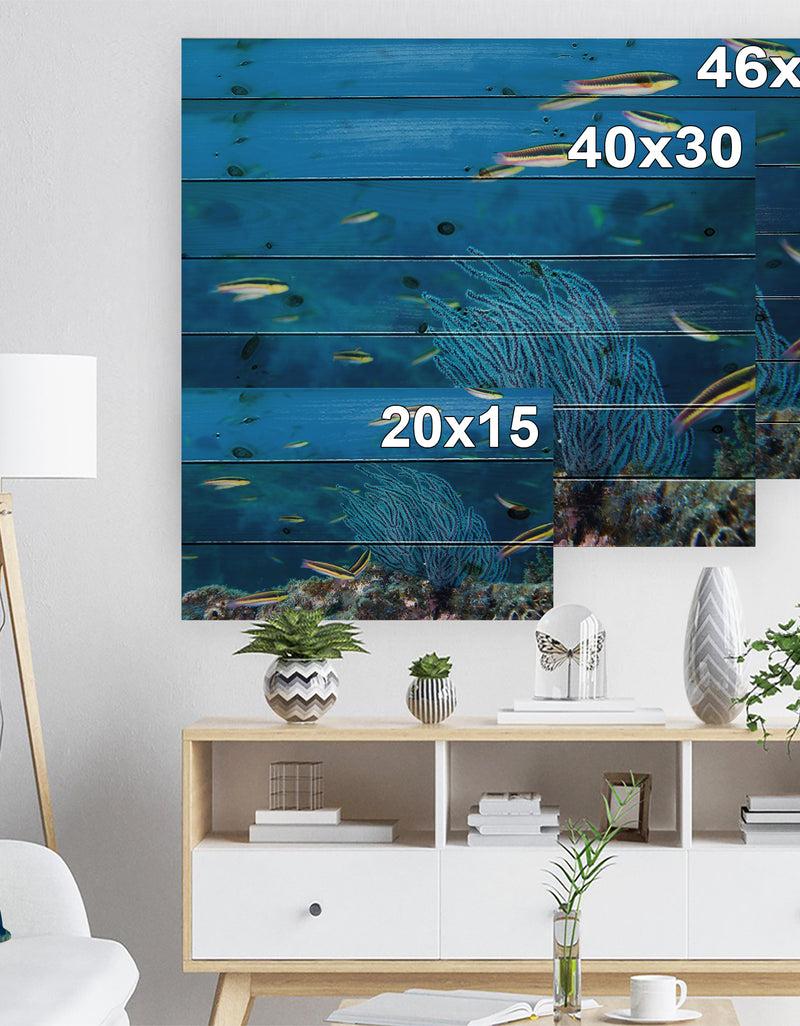Designq Gorgonia Coral On The Deep Blue Ocean - Sea & Shore Nautical Print On Natural Pine Wood
