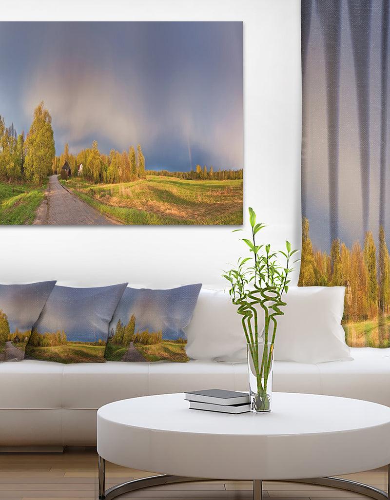designq Green Field Under Rainbow Sky - Landscape Photo Canvas Print
