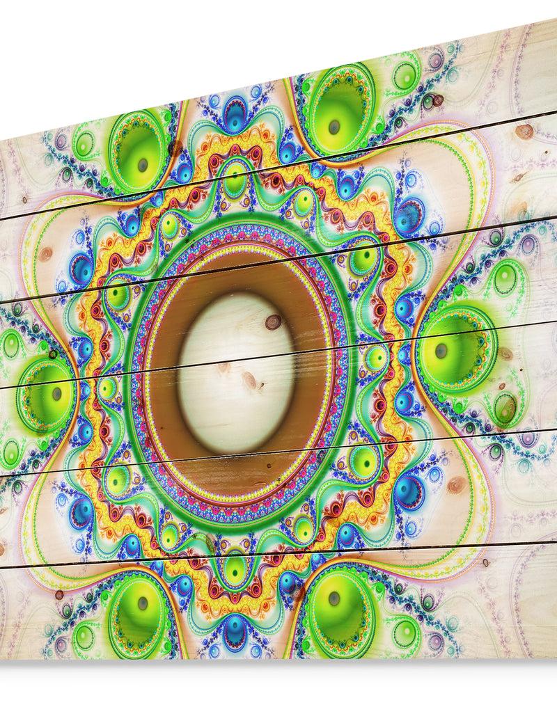 Designq Green Fractal Circles And Waves - Abstract Print On Natural Pine Wood