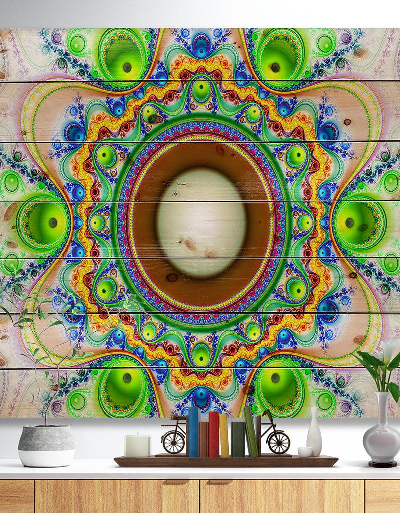designq Green Fractal Circles and Waves - Abstract Print on Natural Pine Wood
