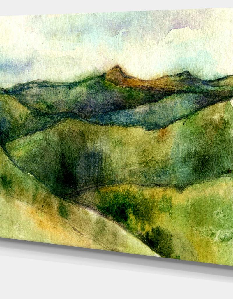 Designq Green Mountains Watercolor - Landscape Painting Canvas Print