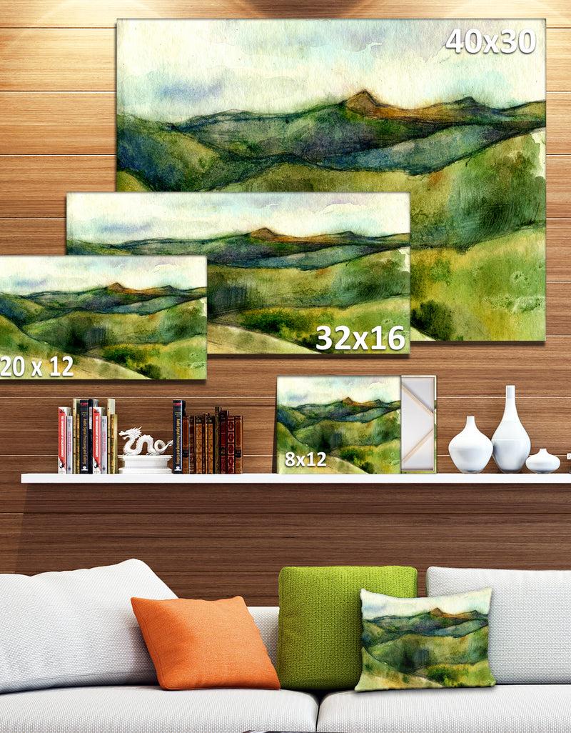 Designq Green Mountains Watercolor - Landscape Painting Canvas Print