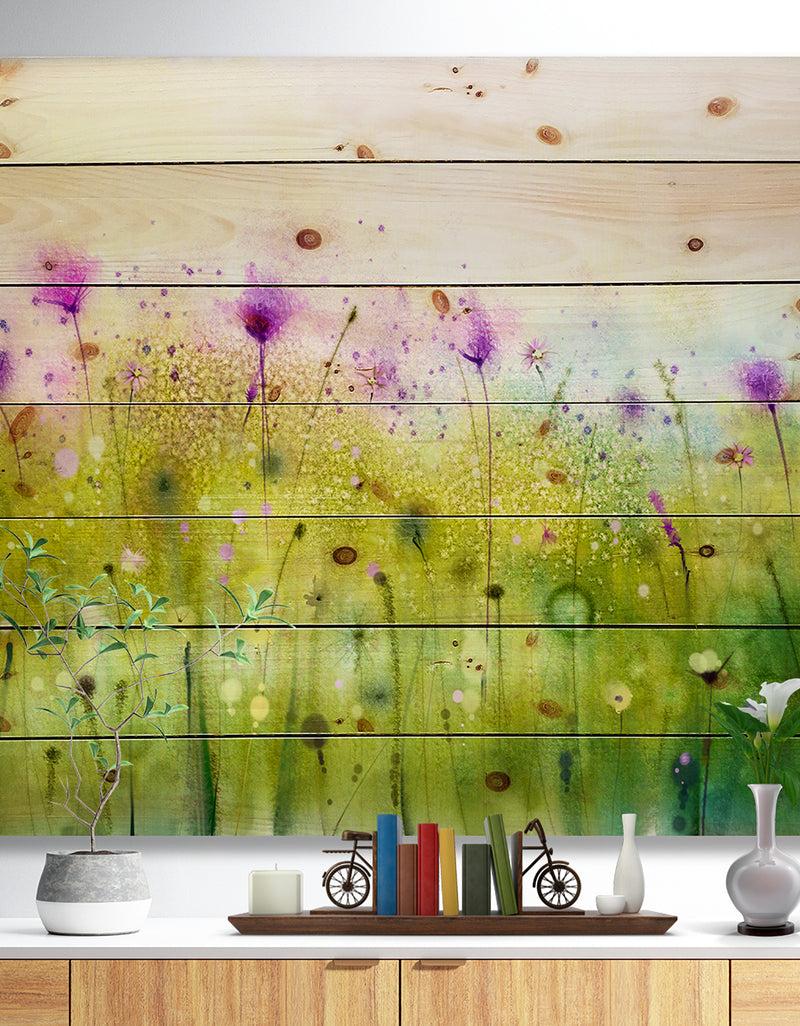 designq Green Purple Abstract Cosmos of Flowers - Large Flower Print on Natural Pine Wood