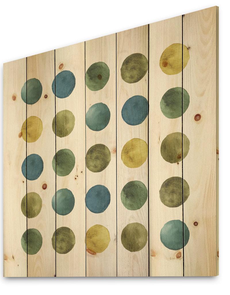 Designq Green Tones Geometric Circles - Mid-Century Modern Print On Natural Pine Wood