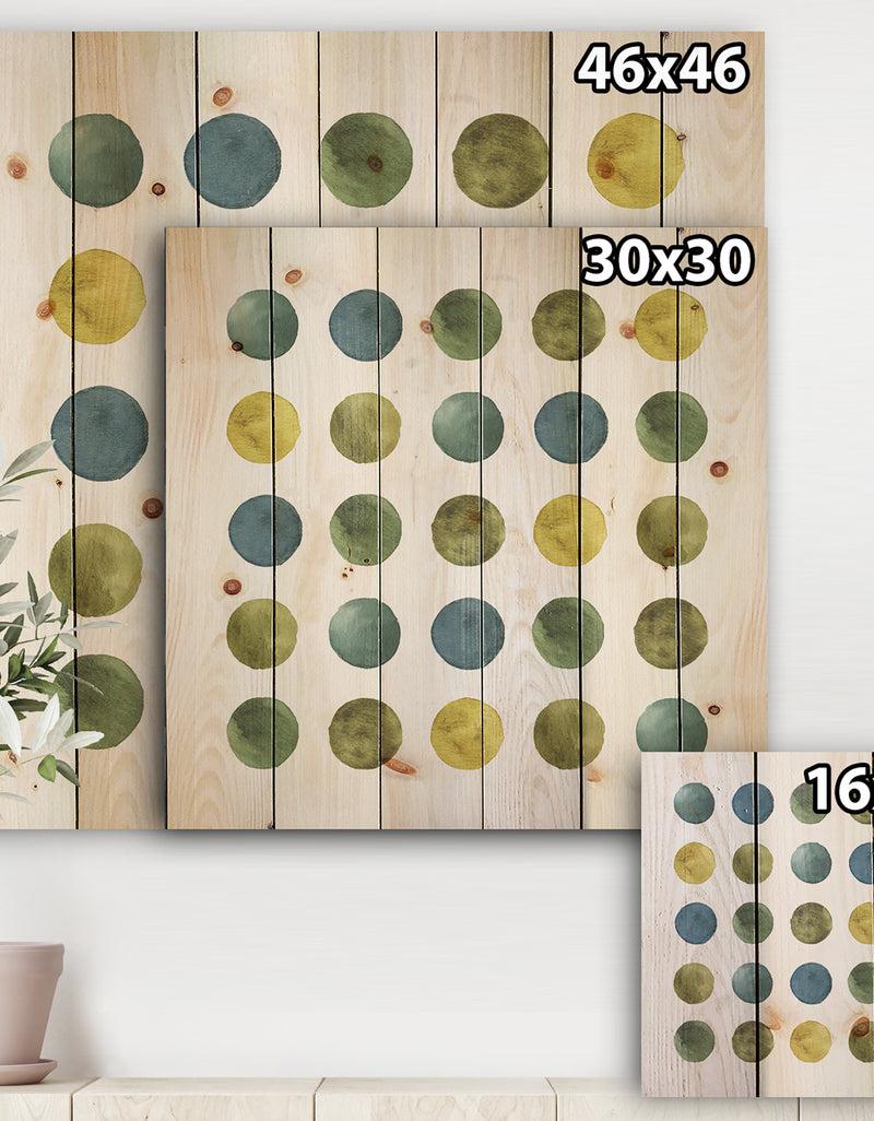 Designq Green Tones Geometric Circles - Mid-Century Modern Print On Natural Pine Wood