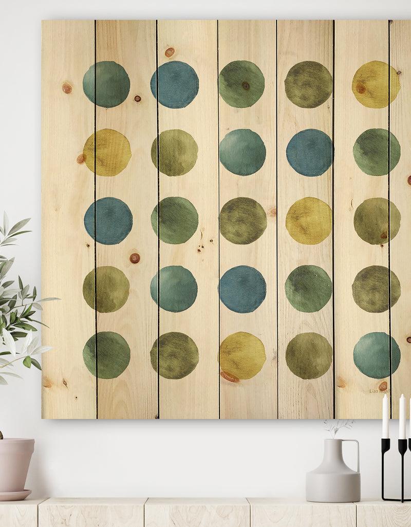 designq Green Tones Geometric Circles - Mid-Century Modern Print on Natural Pine Wood