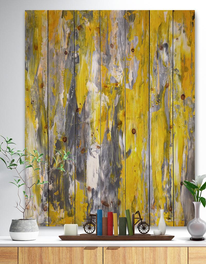 designq Grey and Yellow Abstract Pattern - Abstract Print on Natural Pine Wood