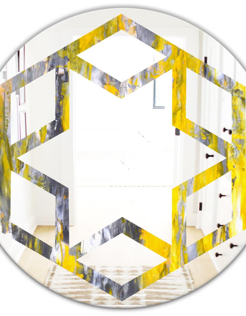 Designq Grey And Yellow Abstract Pattern - Modern Round Or Oval Wall Mirror - Hexagon Star