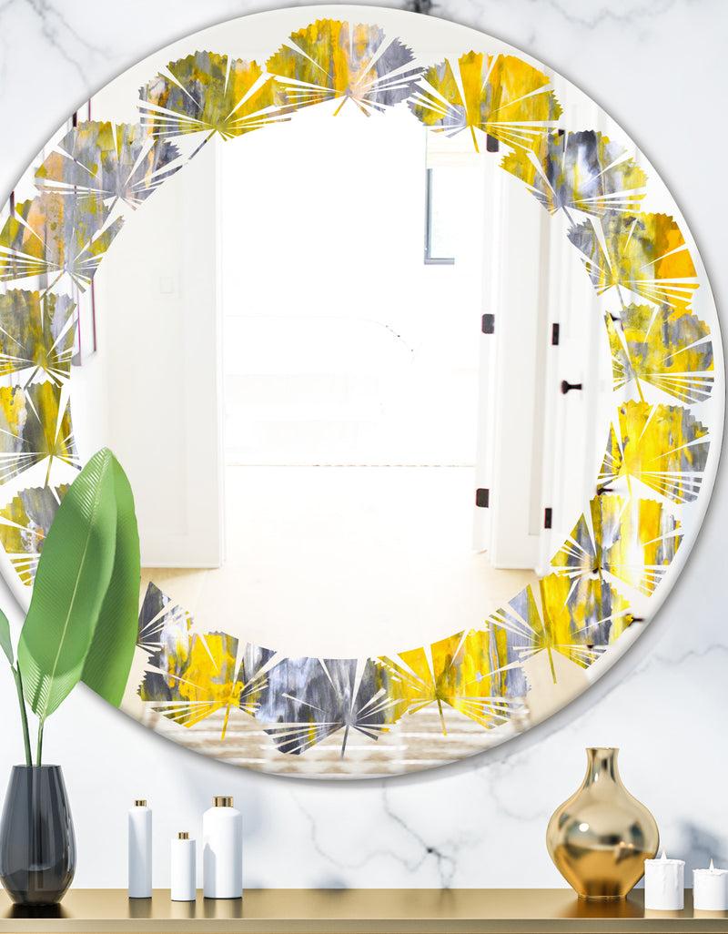 designq Grey and Yellow Abstract Pattern - Modern Round or Oval Wall Mirror - Leaves
