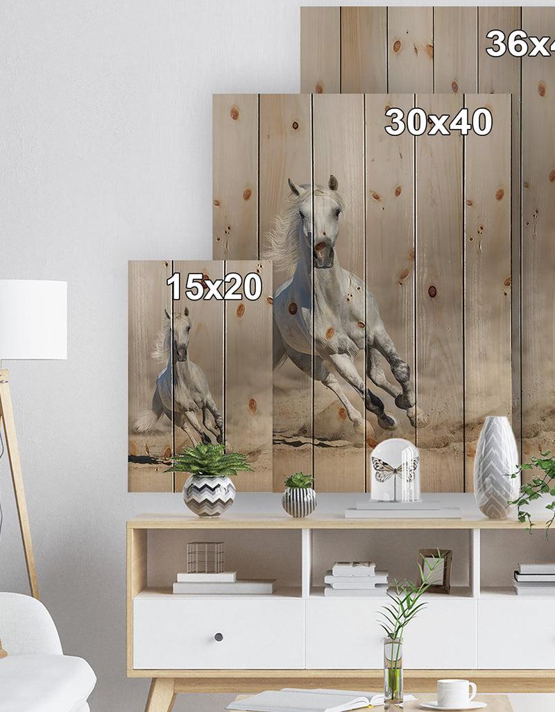 Designq Grey Arabian Horse Run In Dust - Animals PhotographyPrint Print On Natural Pine Wood