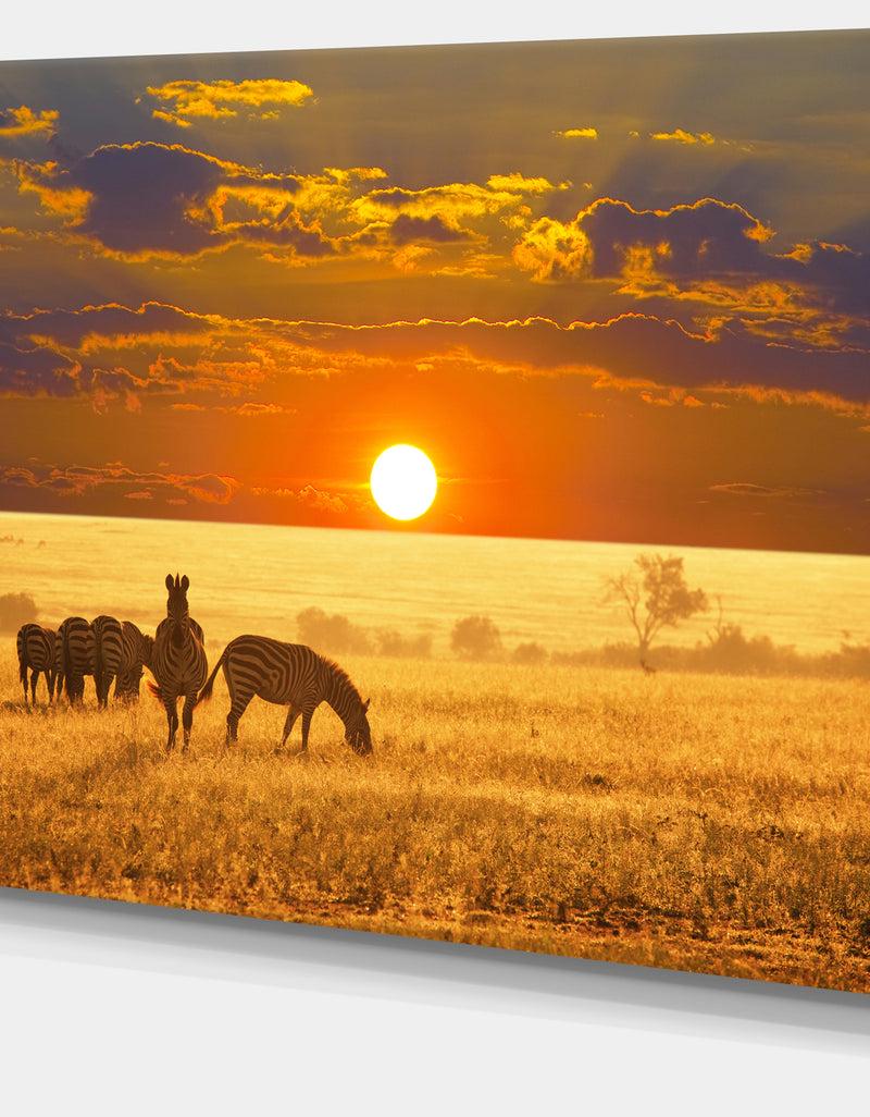 Designq Group Of Zebras Grazing At Sunset - Extra Large Animal Art Print