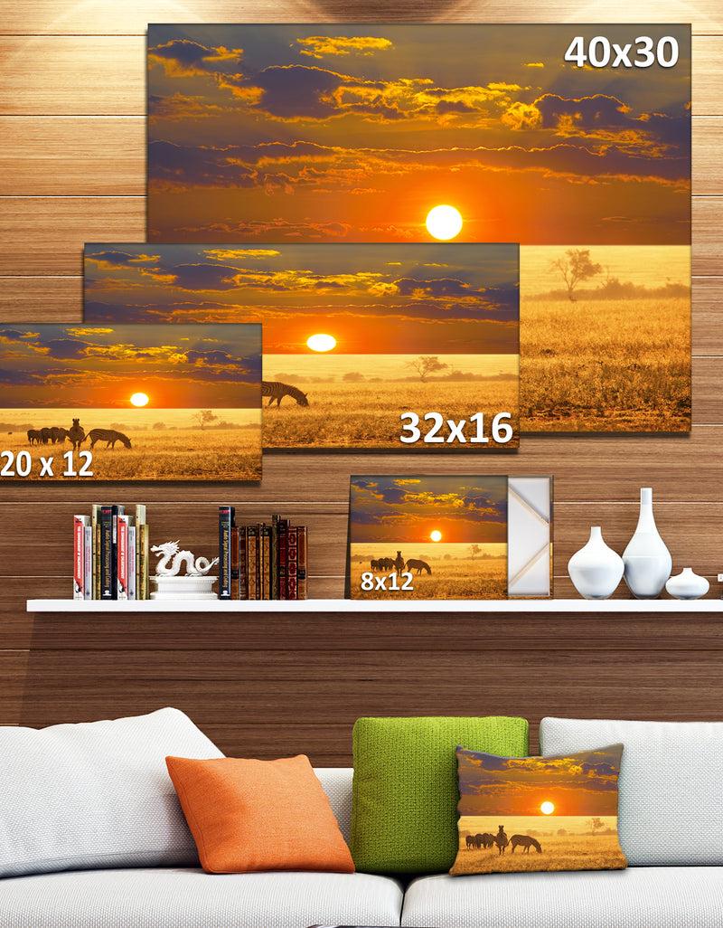 Designq Group Of Zebras Grazing At Sunset - Extra Large Animal Art Print