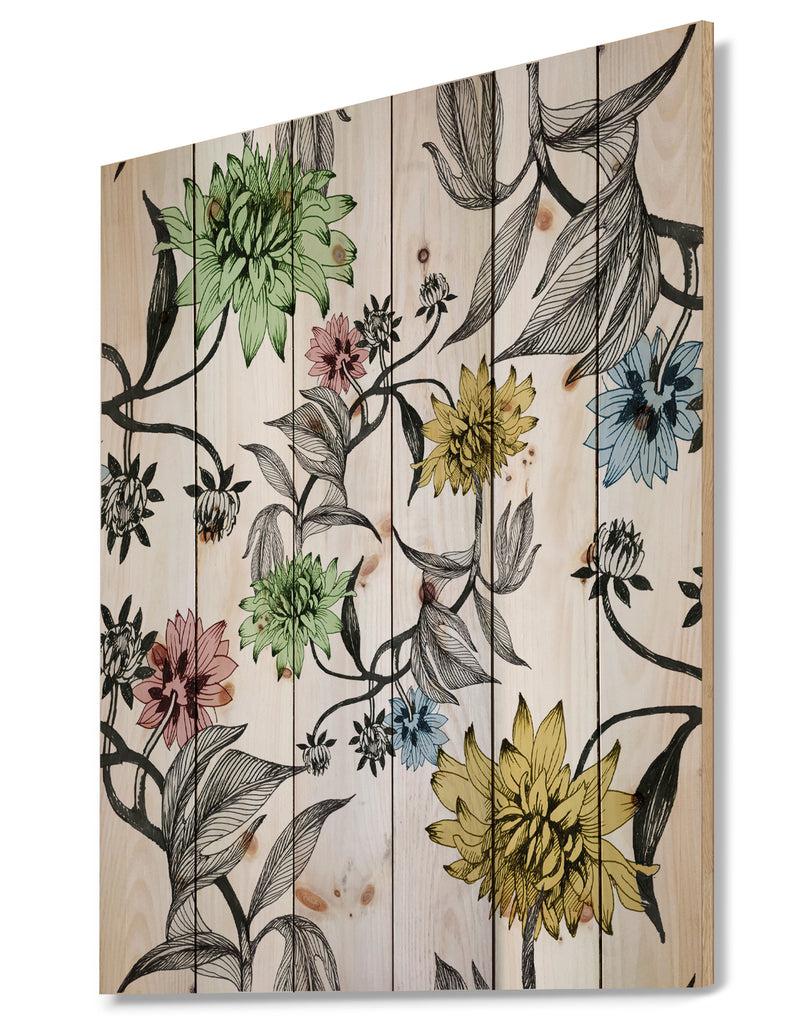Designq Hand Drawn Summer Flowers - Floral Painting Print On Natural Pine Wood