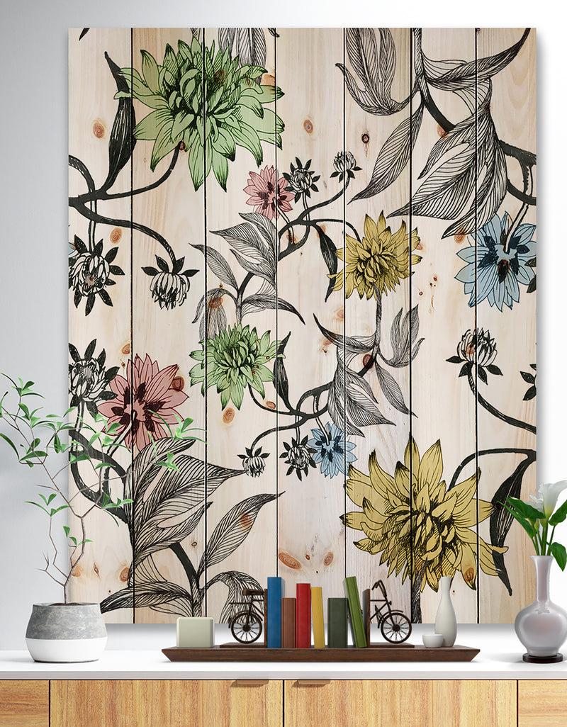 designq Hand drawn summer flowers - Floral Painting Print on Natural Pine Wood