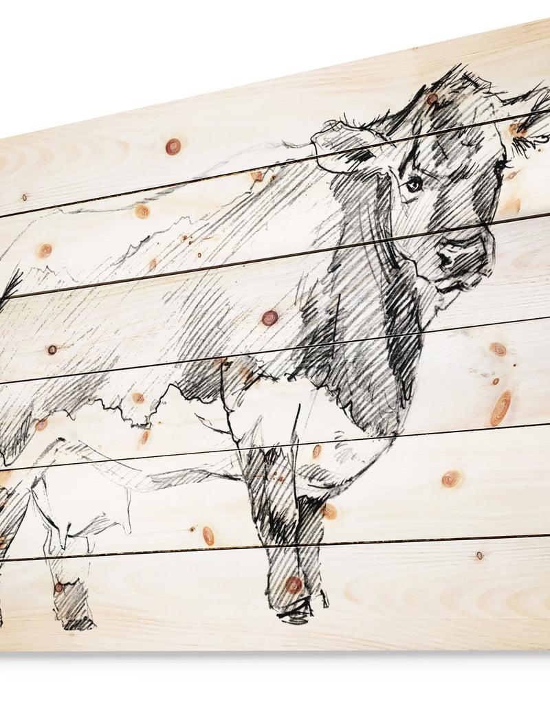Designq Handdrawn Dairy Cow - Sketch Of Farmhouse Animals Of Painting Print On Natural Pine Wood