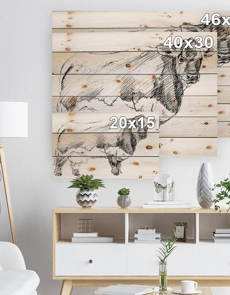Designq Handdrawn Dairy Cow - Sketch Of Farmhouse Animals Of Painting Print On Natural Pine Wood