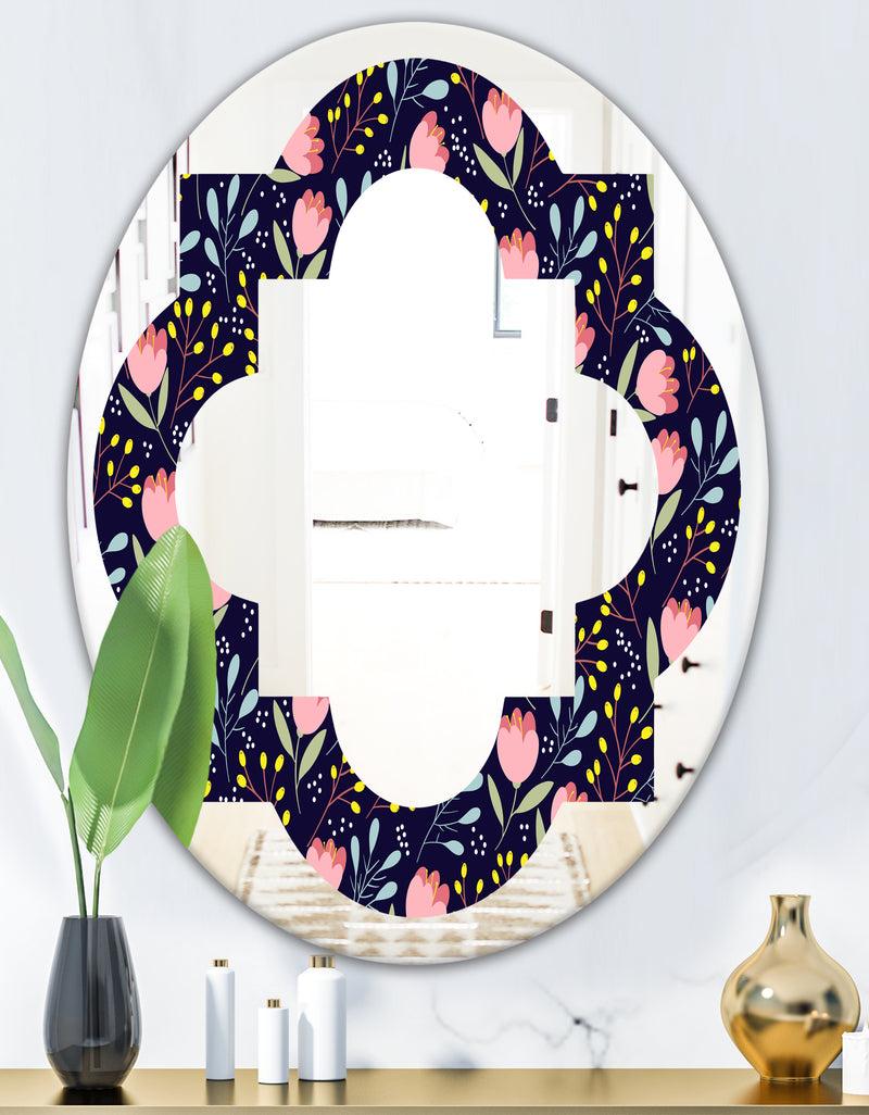 Designq Handdrawn Pink Flowers - Modern Round Or Oval Wall Mirror - Quatrefoil
