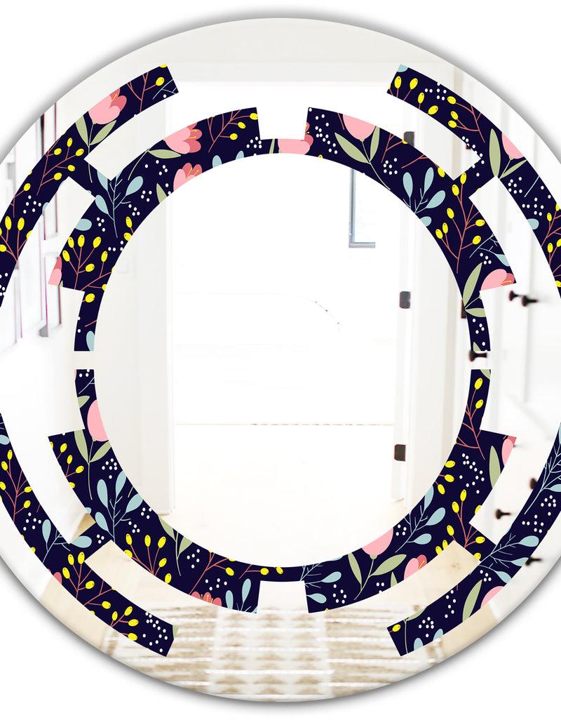 Designq Handdrawn Pink Flowers - Modern Round Or Oval Wall Mirror - Space