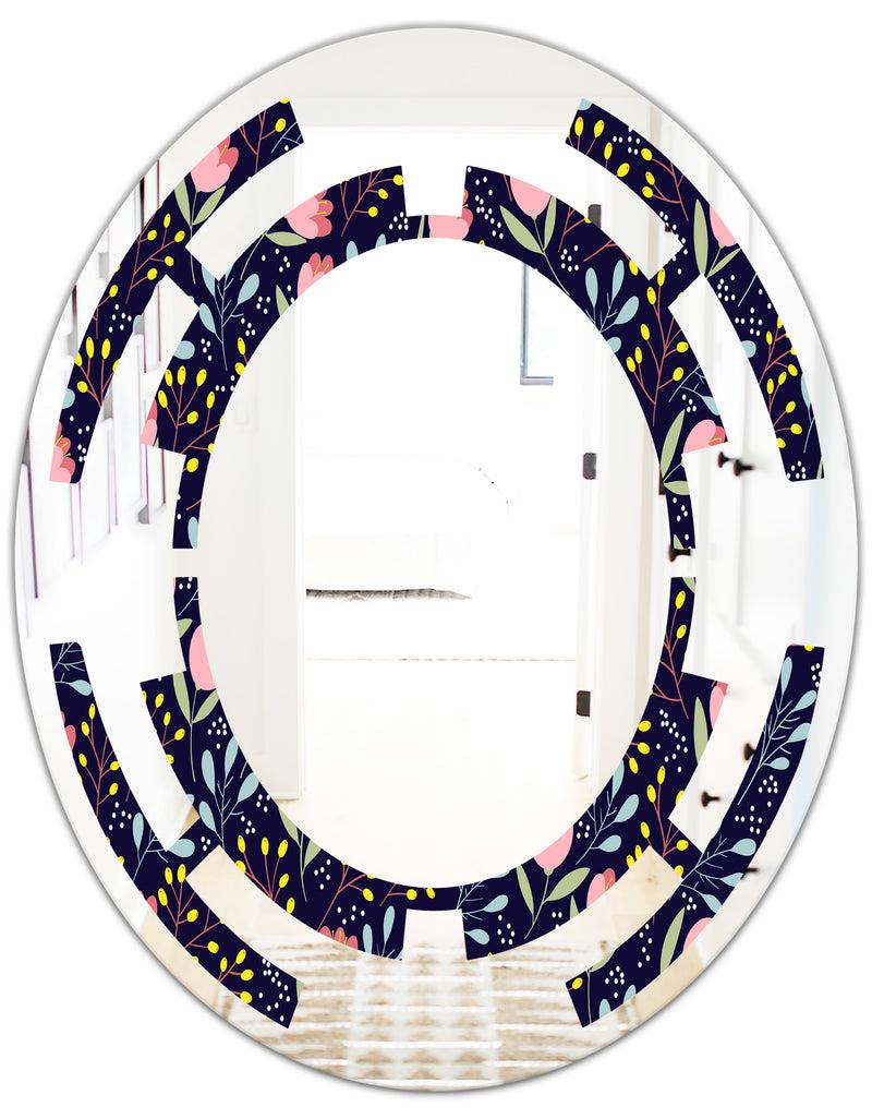 Designq Handdrawn Pink Flowers - Modern Round Or Oval Wall Mirror - Space