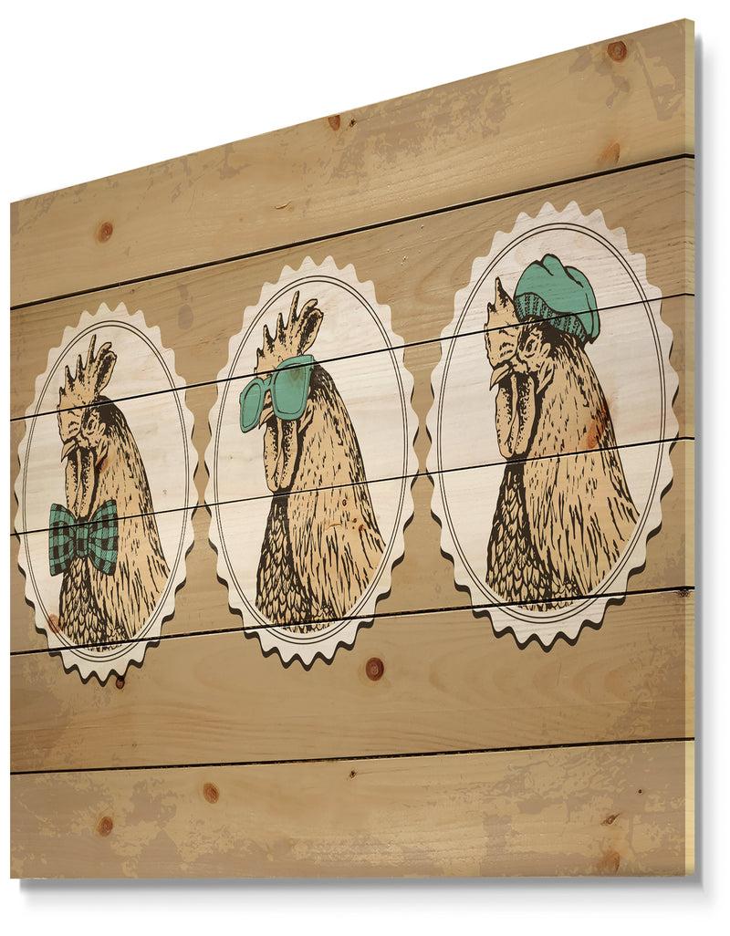 Designq Handdrawn Vintage Rooster Hipster Style - Farmhouse Animals Of Painting Print On Natural Pine Wood