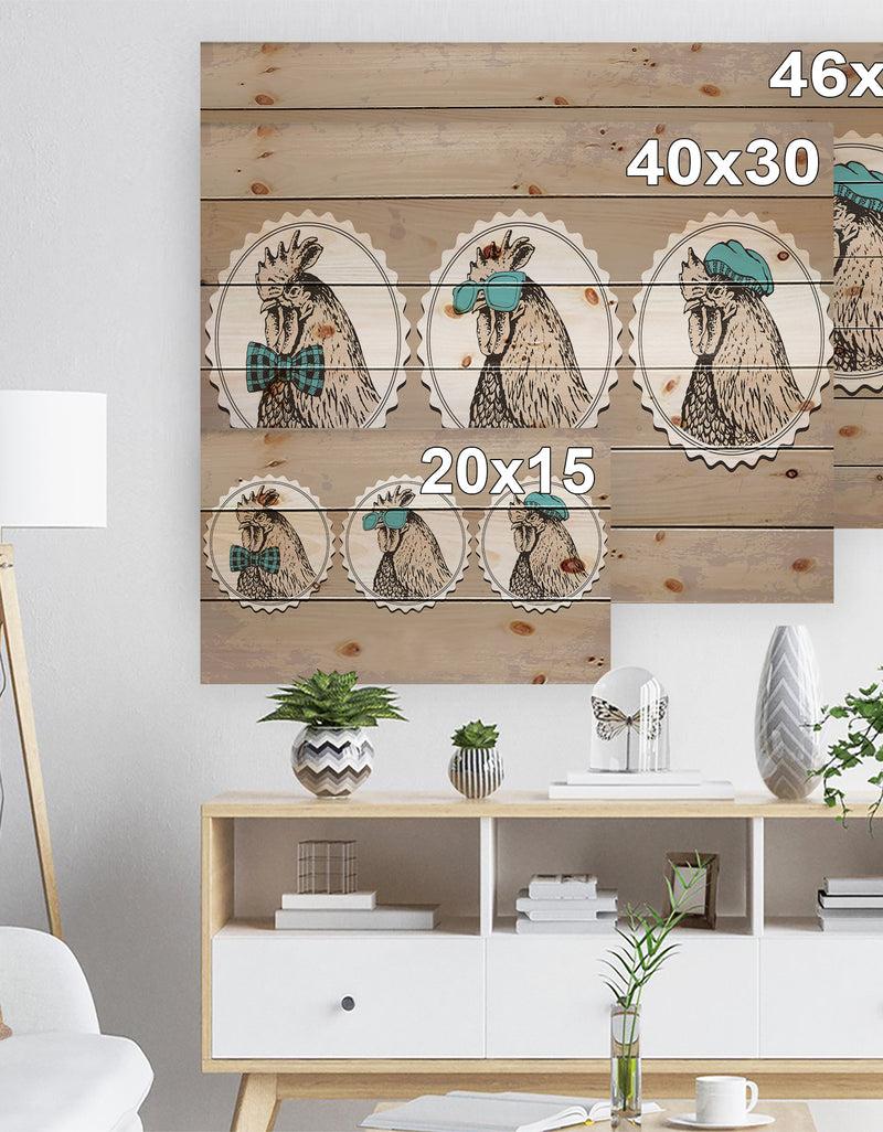 Designq Handdrawn Vintage Rooster Hipster Style - Farmhouse Animals Of Painting Print On Natural Pine Wood