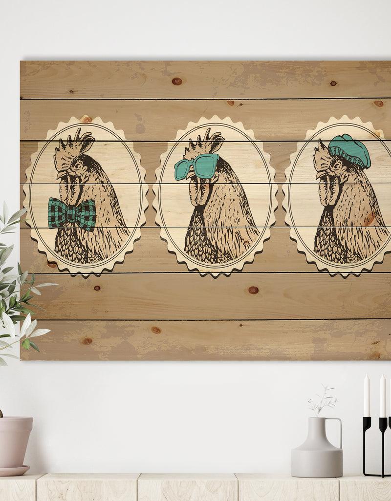 designq Handdrawn vintage rooster hipster style - Farmhouse Animals of Painting Print on Natural Pine Wood