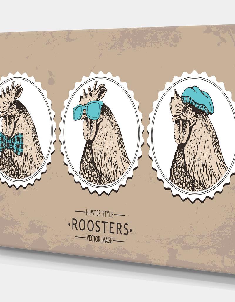 Designq Handdrawn Vintage Rooster Hipster Style - Illustration Of Farmhouse Animals Of Painting Print On Wrapped Canvas