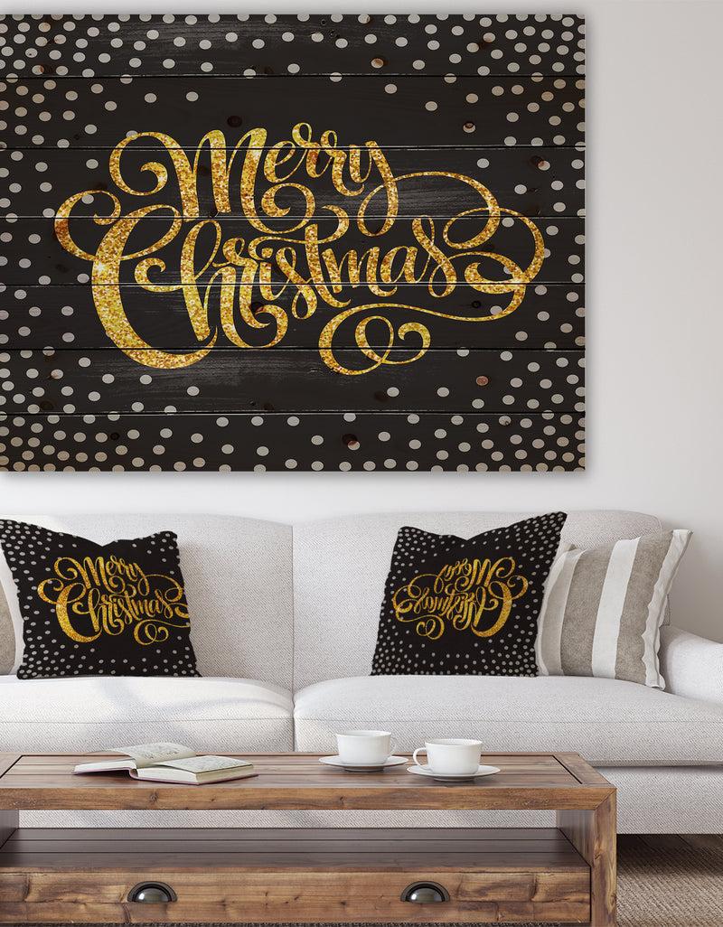 designq Handwritten Merry Christmas wish with Polka Snow Flakes - Print on Natural Pine Wood