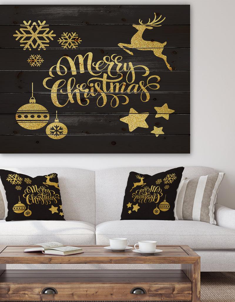 designq Handwritten Merry Christmas wish with Reindeer Star Christmas Tree Balls - Print on Natural Pine Wood