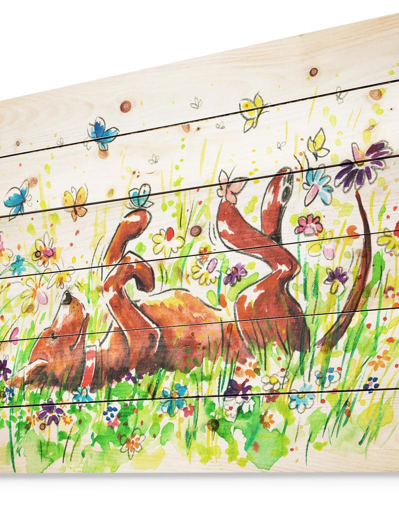 Designq Happy Brown Dog With Flowers And Butterfly - Animals Painting Print On Natural Pine Wood