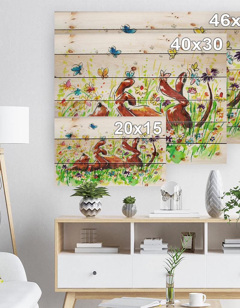 Designq Happy Brown Dog With Flowers And Butterfly - Animals Painting Print On Natural Pine Wood